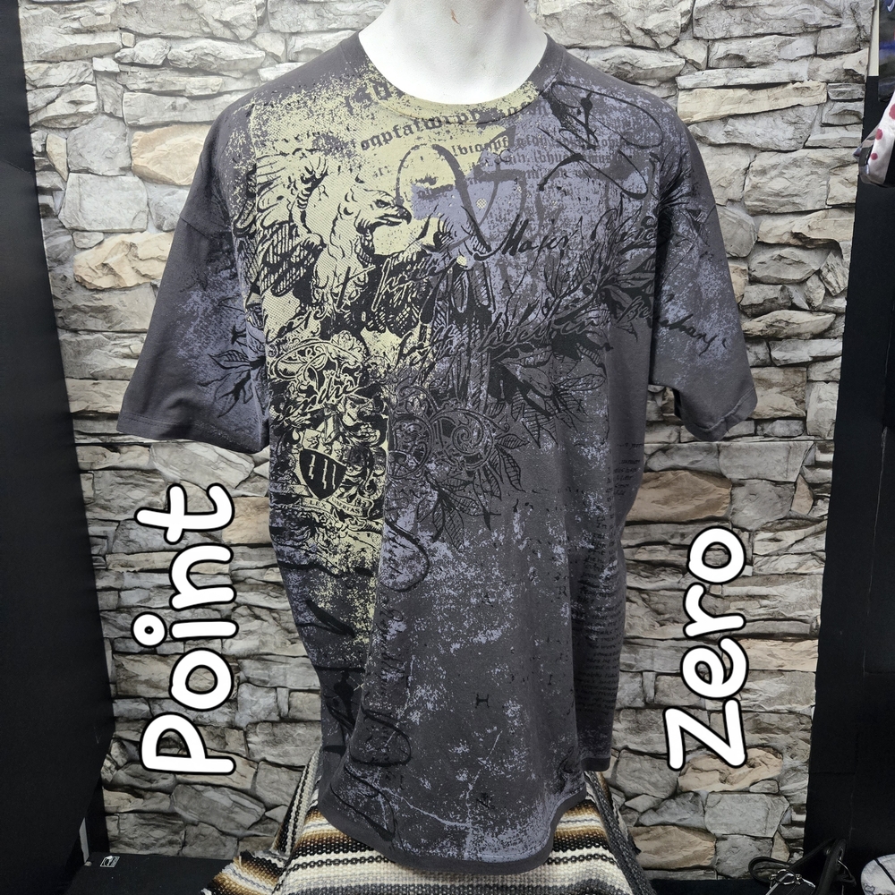 Point Zero Y2K Silver and gold tone All Over Print t-shirt Mens Size XLarge